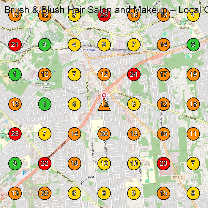 Brush & Blush Hair Salon and Makeup Hair Salon GeoGrid ranking map for Port Jefferson Station NY